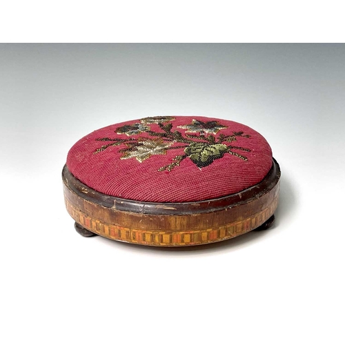 180 - A Victorian inlaid walnut circular footstool with floral beadwork top, 27cm diameter, a copper kettl... 