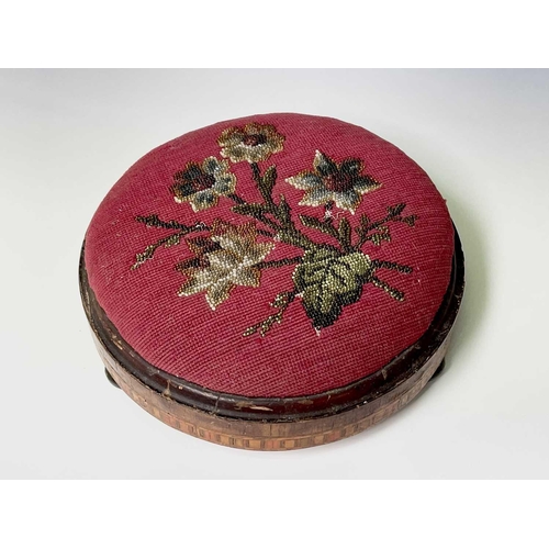 180 - A Victorian inlaid walnut circular footstool with floral beadwork top, 27cm diameter, a copper kettl... 