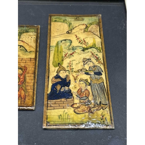 183 - Three mid 20th century Persian miniature paintings on bone, framed as one, together with another Per... 