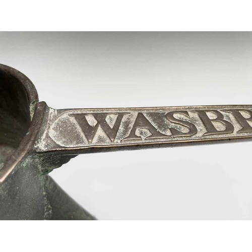 184 - An 18th century bronze skillet, the handle cast 'Wasbrough 3', height 12cm, width 40.5cm, diameter 1... 