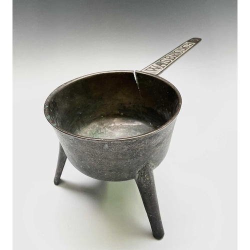 184 - An 18th century bronze skillet, the handle cast 'Wasbrough 3', height 12cm, width 40.5cm, diameter 1... 