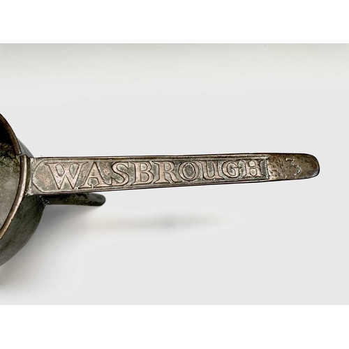 184 - An 18th century bronze skillet, the handle cast 'Wasbrough 3', height 12cm, width 40.5cm, diameter 1... 