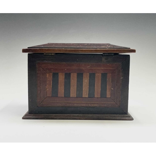 186 - A fruitwood small casket, 19th century, with geometric inlay in exotic woods, width 14cm, together w... 