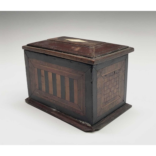 186 - A fruitwood small casket, 19th century, with geometric inlay in exotic woods, width 14cm, together w... 