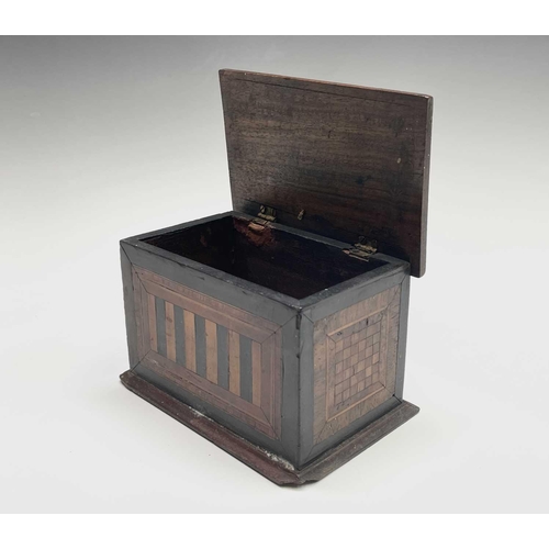 186 - A fruitwood small casket, 19th century, with geometric inlay in exotic woods, width 14cm, together w... 