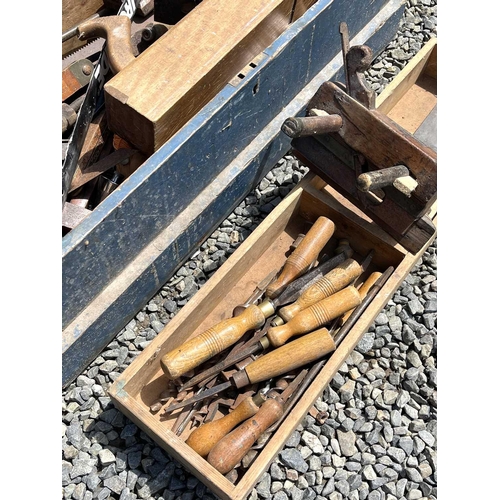 205 - A blue painted pine box and contents of joiner's tools. Height 30cm, width 76.5cm, depth 36cm.