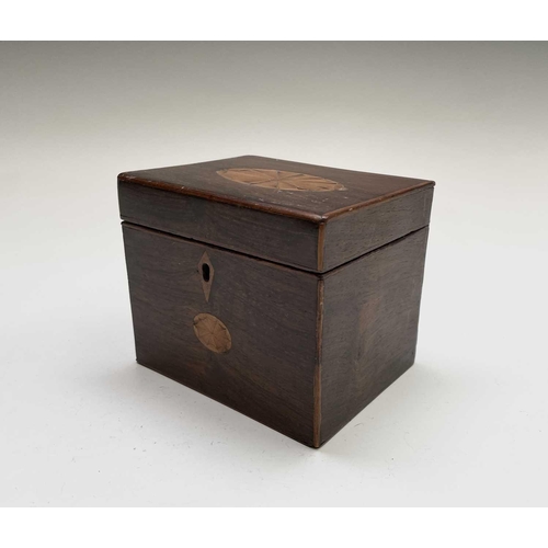 21 - A George III mahogany tea caddy, with oval inlaid patera panels, the cover opening to reveal two lid... 