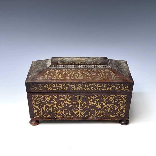 226 - A Regency rosewood and brass inlaid box, formerly a workbox, with scroll decoration, width 32cm, tog... 