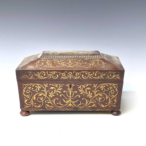 226 - A Regency rosewood and brass inlaid box, formerly a workbox, with scroll decoration, width 32cm, tog... 