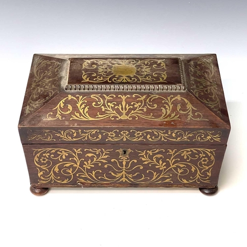 226 - A Regency rosewood and brass inlaid box, formerly a workbox, with scroll decoration, width 32cm, tog... 