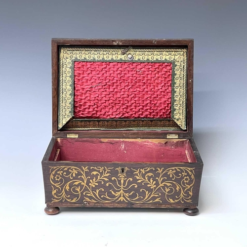 226 - A Regency rosewood and brass inlaid box, formerly a workbox, with scroll decoration, width 32cm, tog... 