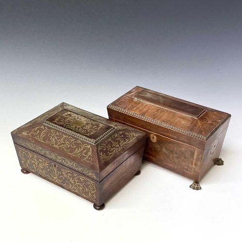 226 - A Regency rosewood and brass inlaid box, formerly a workbox, with scroll decoration, width 32cm, tog... 