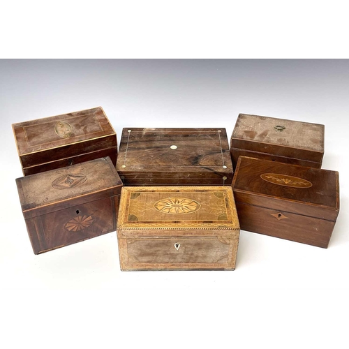 227 - Five George III mahogany and inlaid rectangular tea caddies, the largest width 21.5cm, together with... 