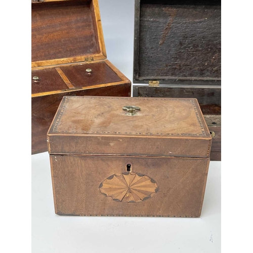 227 - Five George III mahogany and inlaid rectangular tea caddies, the largest width 21.5cm, together with... 