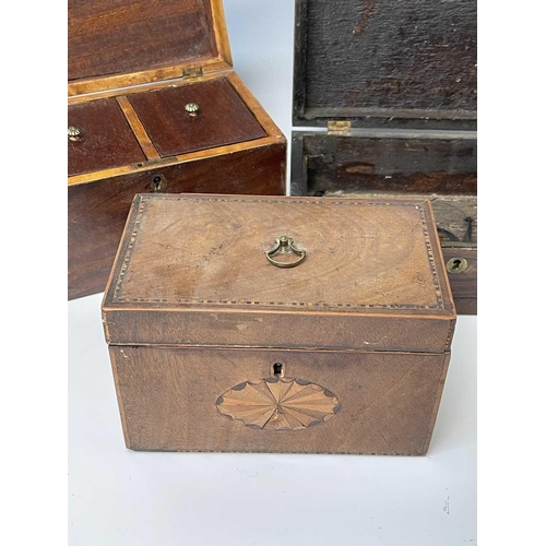 227 - Five George III mahogany and inlaid rectangular tea caddies, the largest width 21.5cm, together with... 