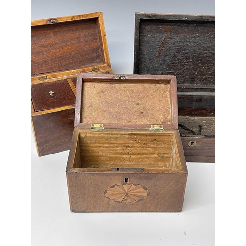 227 - Five George III mahogany and inlaid rectangular tea caddies, the largest width 21.5cm, together with... 