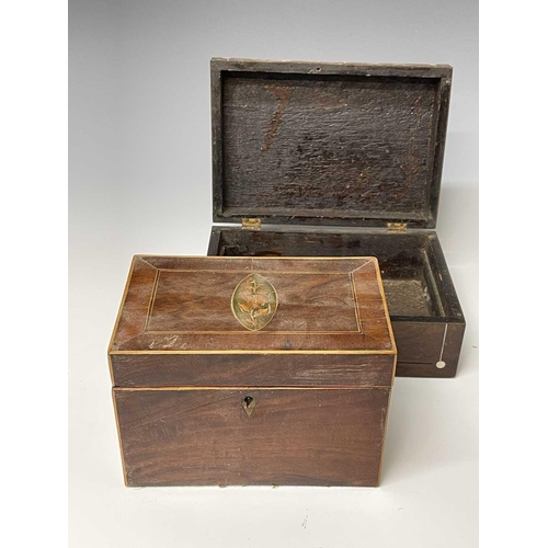 227 - Five George III mahogany and inlaid rectangular tea caddies, the largest width 21.5cm, together with... 