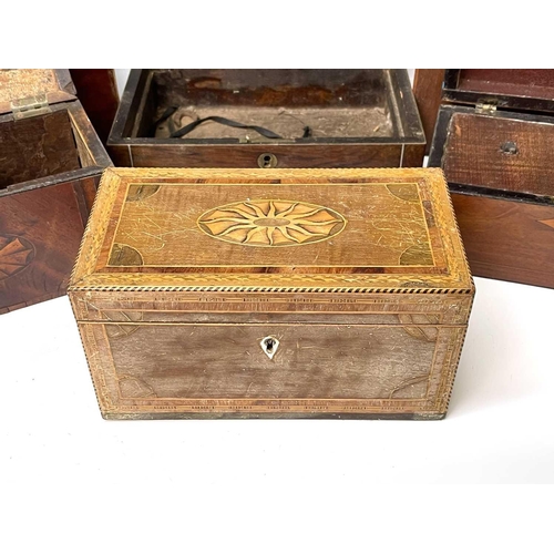 227 - Five George III mahogany and inlaid rectangular tea caddies, the largest width 21.5cm, together with... 