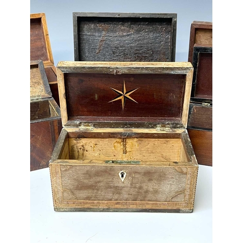 227 - Five George III mahogany and inlaid rectangular tea caddies, the largest width 21.5cm, together with... 