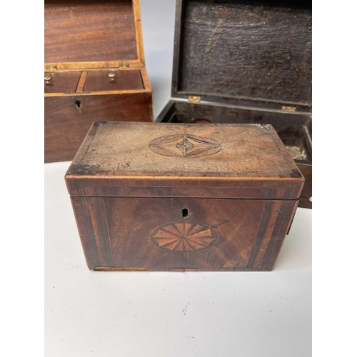 227 - Five George III mahogany and inlaid rectangular tea caddies, the largest width 21.5cm, together with... 