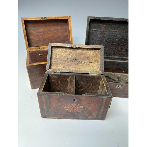 227 - Five George III mahogany and inlaid rectangular tea caddies, the largest width 21.5cm, together with... 