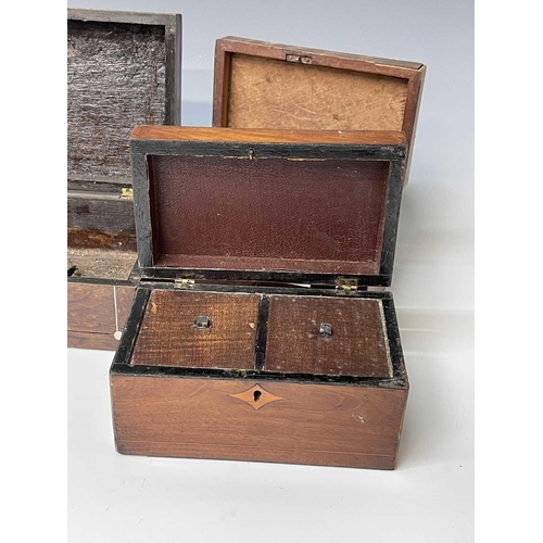 227 - Five George III mahogany and inlaid rectangular tea caddies, the largest width 21.5cm, together with... 