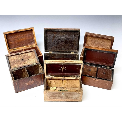 227 - Five George III mahogany and inlaid rectangular tea caddies, the largest width 21.5cm, together with... 