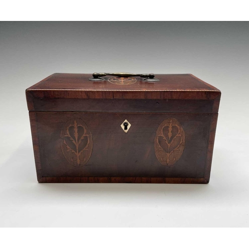 228 - A George III mahogany and crossbanded tea caddy, with three floral inlaid oval panels, brass handle ... 