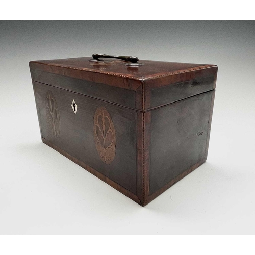 228 - A George III mahogany and crossbanded tea caddy, with three floral inlaid oval panels, brass handle ... 