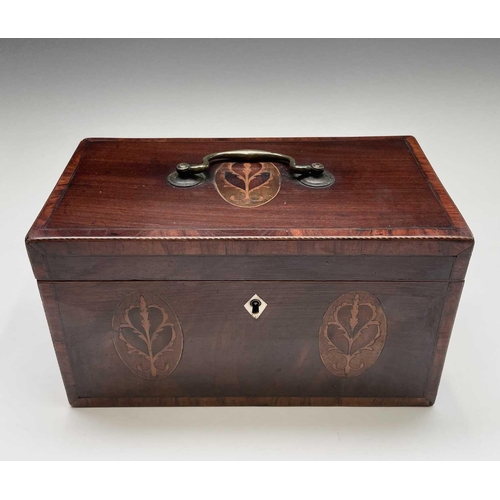 228 - A George III mahogany and crossbanded tea caddy, with three floral inlaid oval panels, brass handle ... 