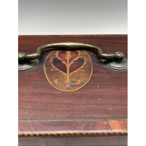 228 - A George III mahogany and crossbanded tea caddy, with three floral inlaid oval panels, brass handle ... 