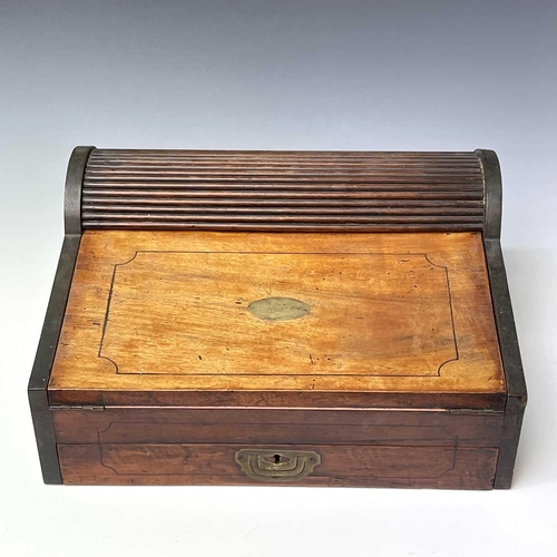 229 - A camphor wood campaign stationary box/writing slope, 19th century, the drawer and tambour top open ... 