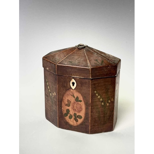 238 - A George III satinwood, inlaid and painted octagonal tea caddy, with shaped top, height 14cm. Proven... 