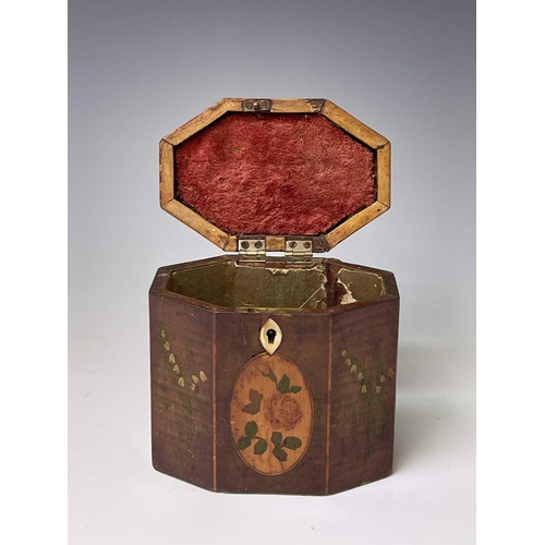 238 - A George III satinwood, inlaid and painted octagonal tea caddy, with shaped top, height 14cm. Proven... 