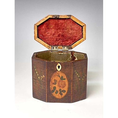 238 - A George III satinwood, inlaid and painted octagonal tea caddy, with shaped top, height 14cm. Proven... 