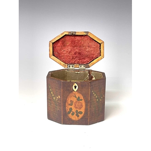 238 - A George III satinwood, inlaid and painted octagonal tea caddy, with shaped top, height 14cm. Proven... 