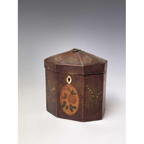 238 - A George III satinwood, inlaid and painted octagonal tea caddy, with shaped top, height 14cm. Proven... 