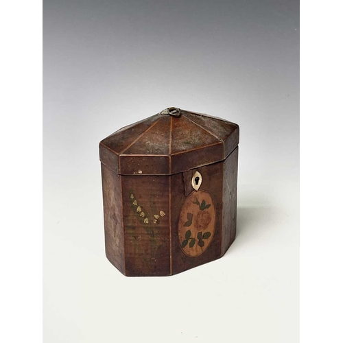 238 - A George III satinwood, inlaid and painted octagonal tea caddy, with shaped top, height 14cm. Proven... 