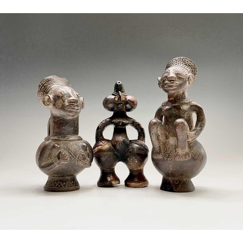 243 - Two African (Mangbetu) pottery figural vessels, the tallest 27cm high, and one other pottery figure ... 