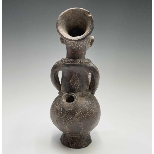 243 - Two African (Mangbetu) pottery figural vessels, the tallest 27cm high, and one other pottery figure ... 