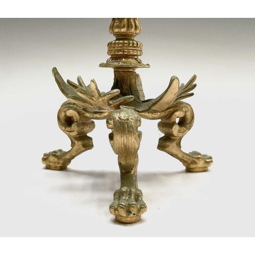 25 - A pair of gilt metal ornate candelabra, probably French, circa 1890, each with a central sconce and ... 