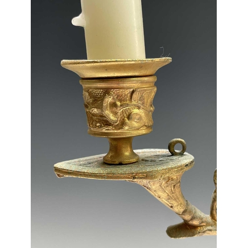 25 - A pair of gilt metal ornate candelabra, probably French, circa 1890, each with a central sconce and ... 