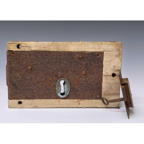 266 - A large barn door lock, 15 x 25.5cm, and a metal door lock with key (2).