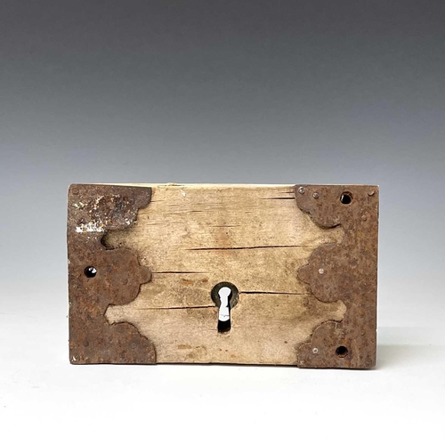 266 - A large barn door lock, 15 x 25.5cm, and a metal door lock with key (2).