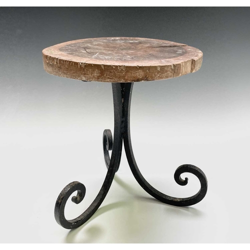 271 - A primitive green painted stool, together with a hardwood and wrought iron stand (2).