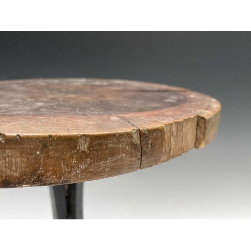 271 - A primitive green painted stool, together with a hardwood and wrought iron stand (2).