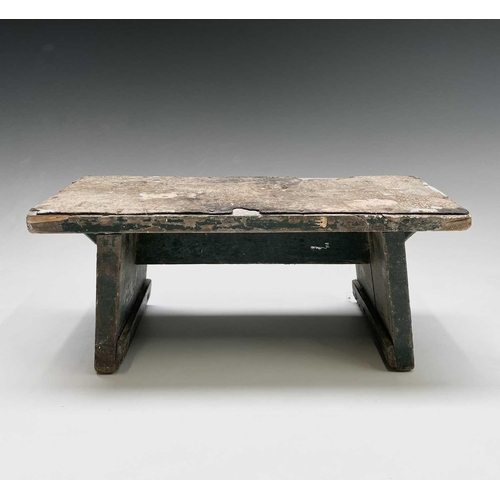 271 - A primitive green painted stool, together with a hardwood and wrought iron stand (2).