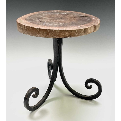 271 - A primitive green painted stool, together with a hardwood and wrought iron stand (2).