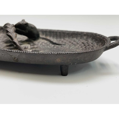 276 - A 20th century cast bronze sculpture of a mouse eating a sheaf of corn in a basket. Width 17.5cm.