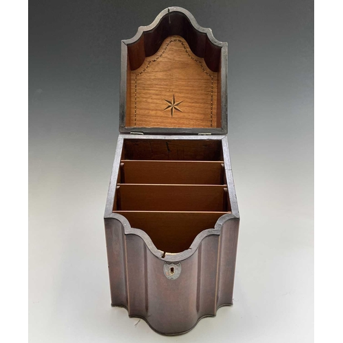 28 - A George III mahogany slope front knife box, with serpentine shaped front, the interior converted, h... 